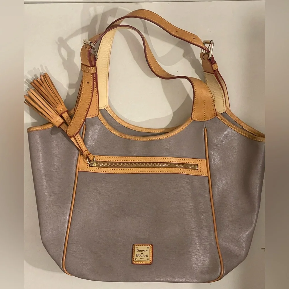 Dooney and Bourke gray & tan leather double strap zipper tassel shoulder bag - Picture 3 of 16